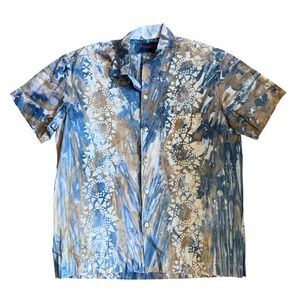 Frantic Mens Blue Tan Batik Tie Dye Cotton Button Down Shirt Handmade Indonesia